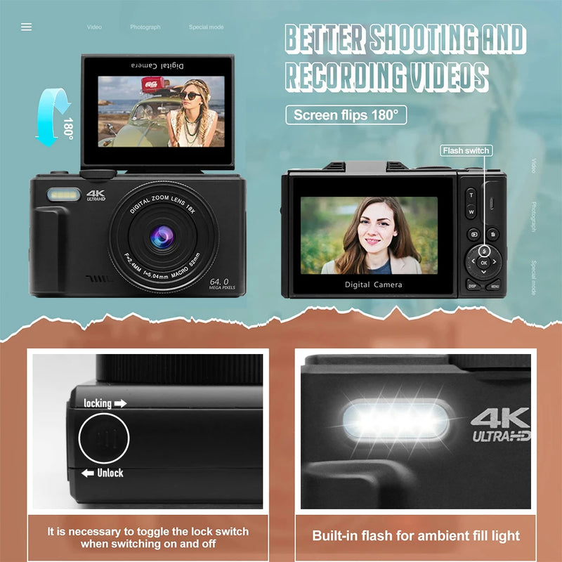 Câmera Fotográfica Digital Compacta 4K 18X com Cartão de Memória de Brinde